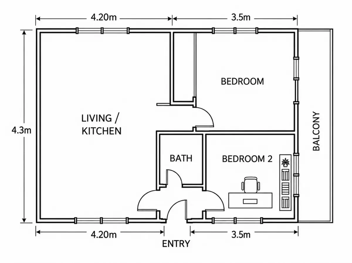 Round 2: the same plan with a desk, chair and shelving drawn into BEDROOM 2