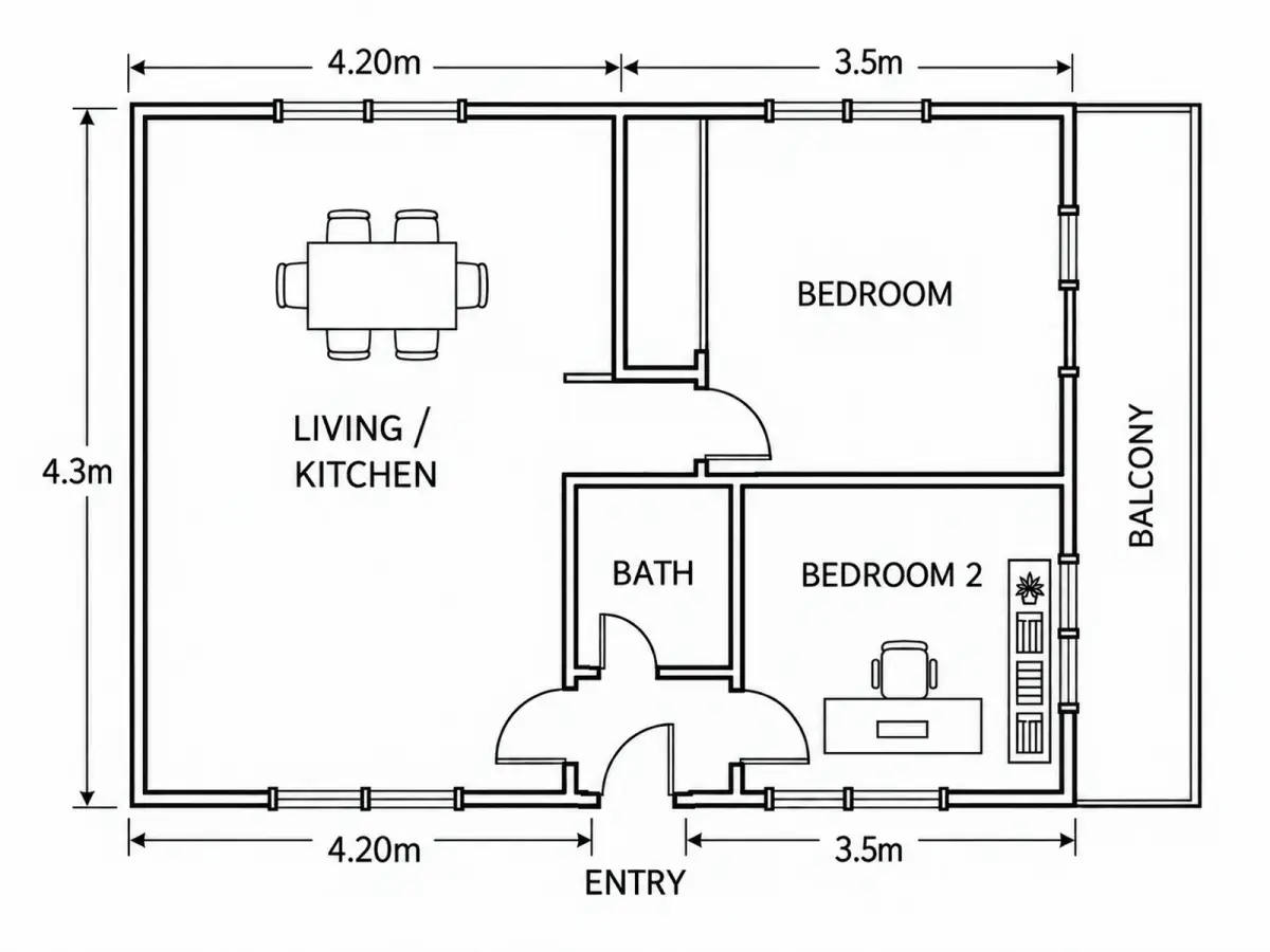 Round 3: the same plan with a dining table and four chairs added to the living / kitchen