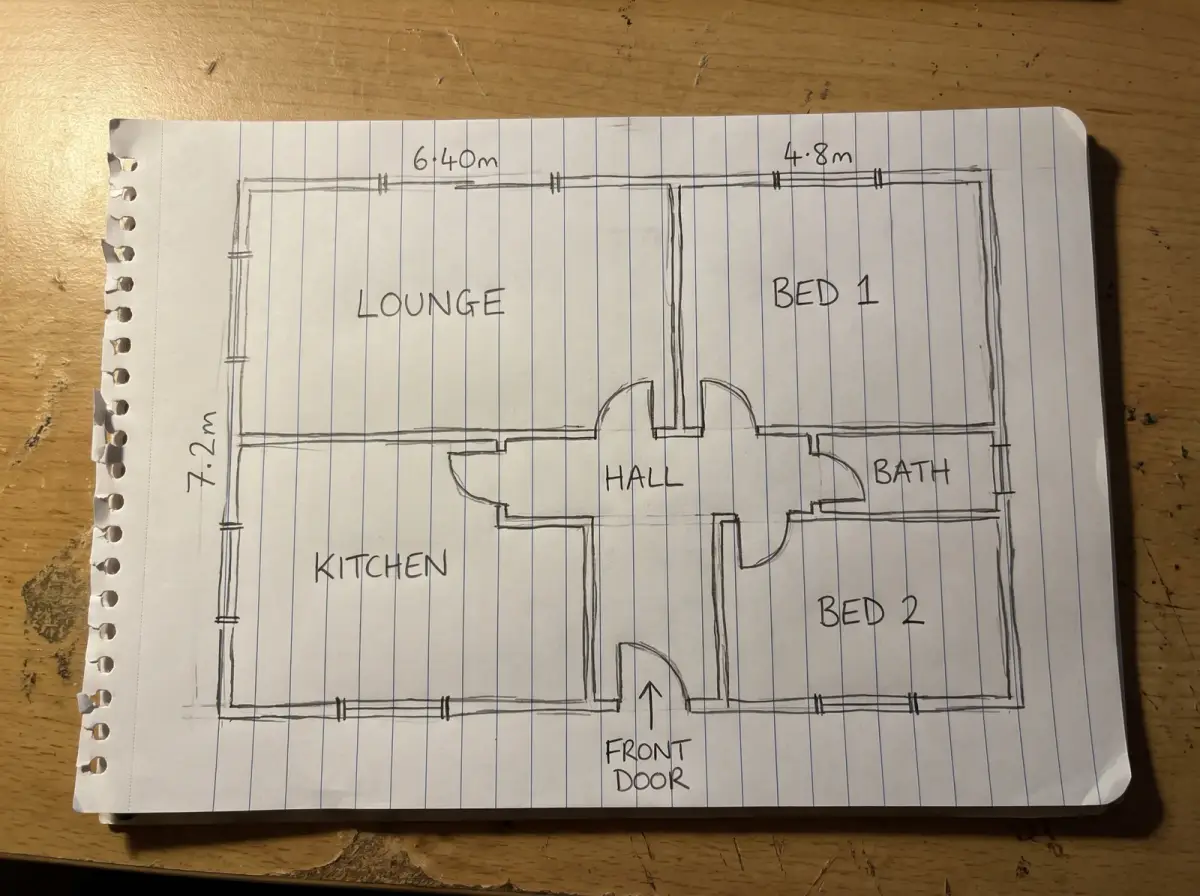 A pencil floor plan of a three-bedroom bungalow on lined notebook paper