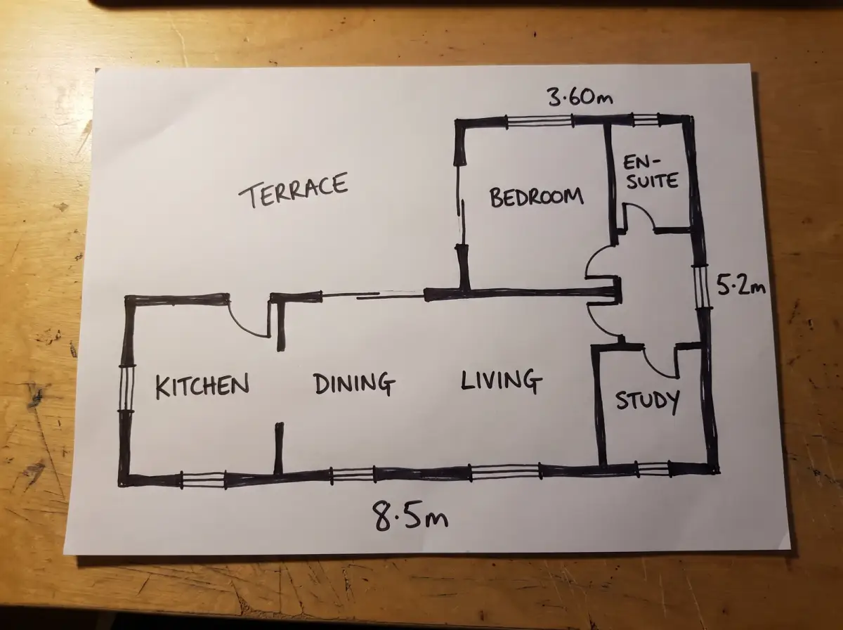 An L-shaped house plan drawn in black marker on plain white paper
