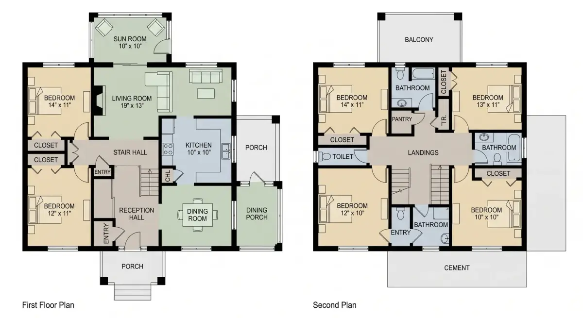 A colour-coded plan of a different two-floor house with bedrooms on the ground floor