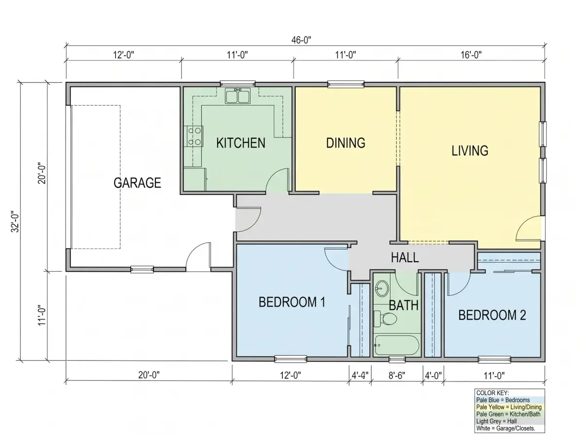 A colour-coded builder's plan with a colour key in the bottom-right corner listing bedrooms, living and dining, kitchen and bath, hall and garage
