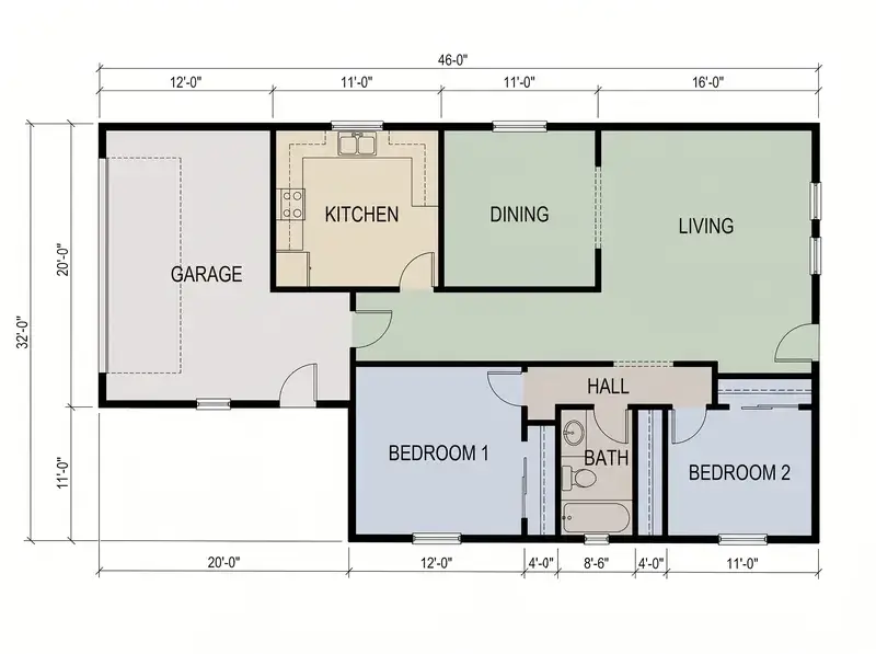 The same builder's plan coloured again with no instructions: bedrooms blue-grey, living and dining green, kitchen sand
