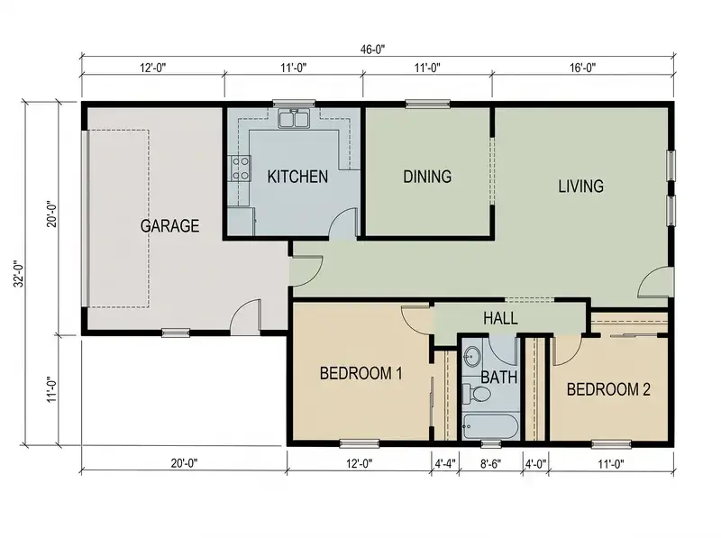 The same builder's plan coloured a third time with no instructions: bedrooms sand, living and dining green, kitchen and bathroom blue