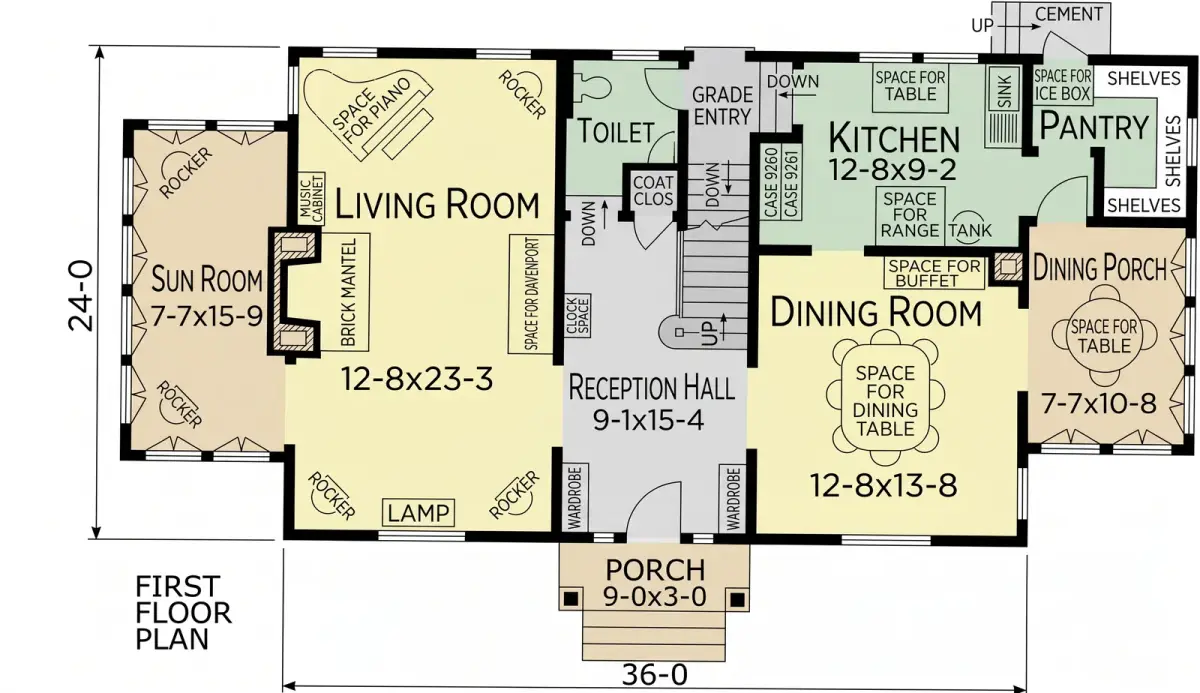 The same ground floor redrawn with living and dining rooms in pale yellow, kitchen and toilet in pale green and halls in light grey