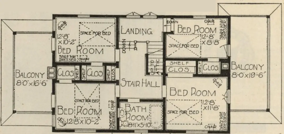The upper floor plan of the 1921 Sears Lexington house as printed in the catalogue