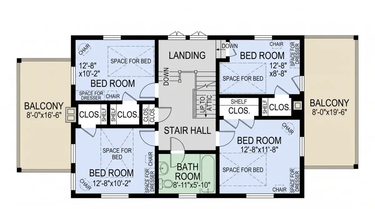 The same upper floor redrawn with four bedrooms in pale blue, the landing and stair hall in light grey and the bathroom in pale green