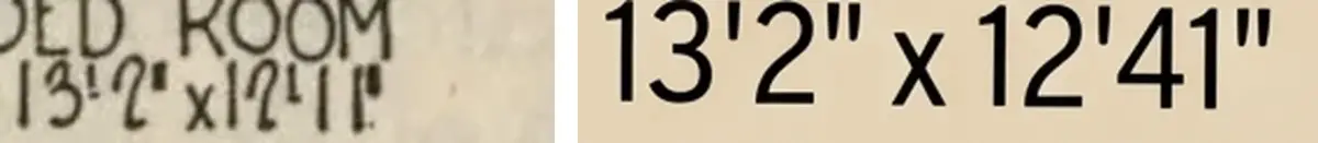 The 1921 dimension 13'2" x 12'11" beside the redrawn 13'2" x 12'41"