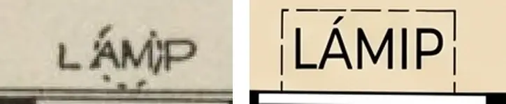 The word LAMP in 1921 lettering with a stray stroke beside the redrawn LÁMIP