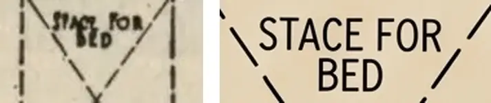 SPACE FOR BED in 1921 hand lettering beside the redrawn label STACE FOR BED