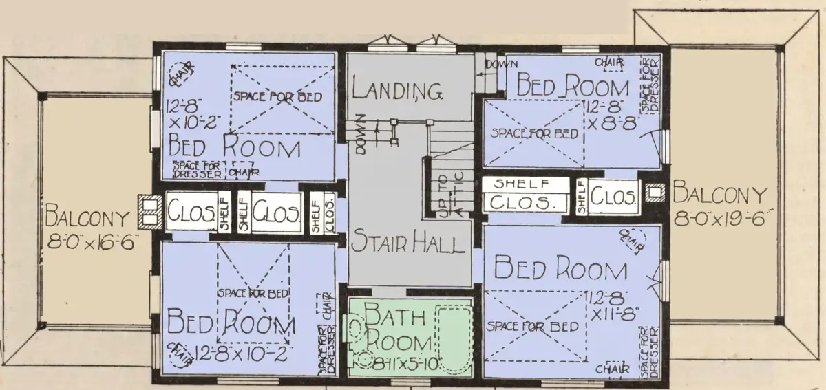 The 1921 upper-floor scan returned with its hand lettering and paper texture and the rooms tinted blue, grey and green