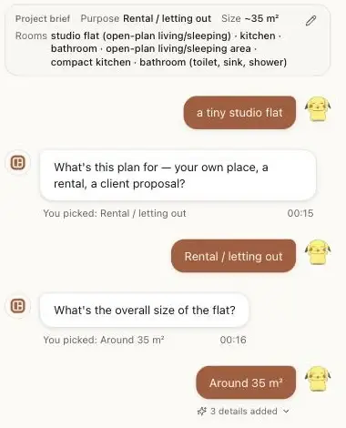 The project brief card in FloorDrafter Studio above a short chat: the agent asks what the plan is for and how big the flat is, and the answers fill in purpose, size and rooms