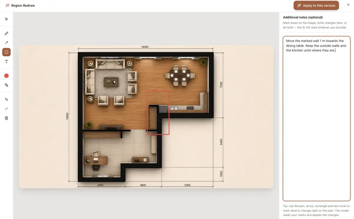 The redraw editor in Studio, with a wall boxed in red on the plan and the change typed in the notes panel beside it