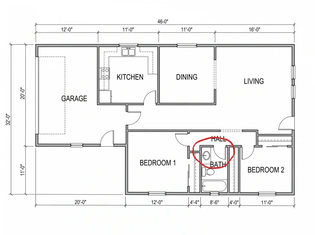 A builder's floor plan with a bathroom door circled in red pen