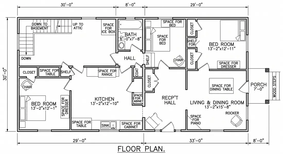 A rejected redraw of the 1921 plan: almost every label is there, but the rooms are rearranged into a long rectangle
