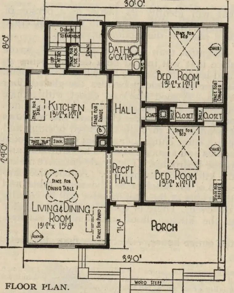 A yellowed 1921 floor plan of a four-room bungalow with hand-lettered room names and dimensions