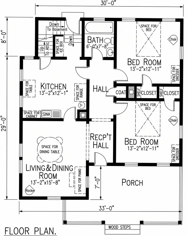 FloorDrafter's redraw of a 1921 Sears catalogue bungalow plan as a clean black-and-white floor plan, from our RoomSketcher comparison page