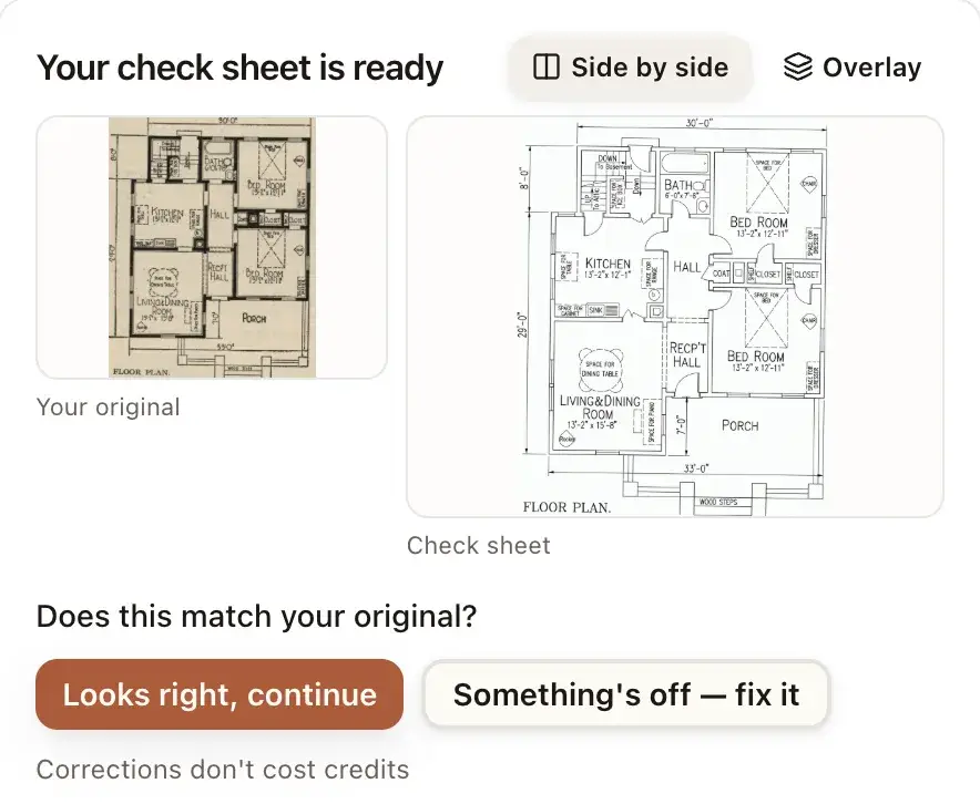 The check sheet: the 1921 original beside its Technical redraw, with the question Does this match your original? and two answers