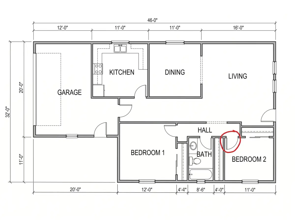 The redrawn plan with the bathroom door unmoved and the red circle redrawn over the next doorway