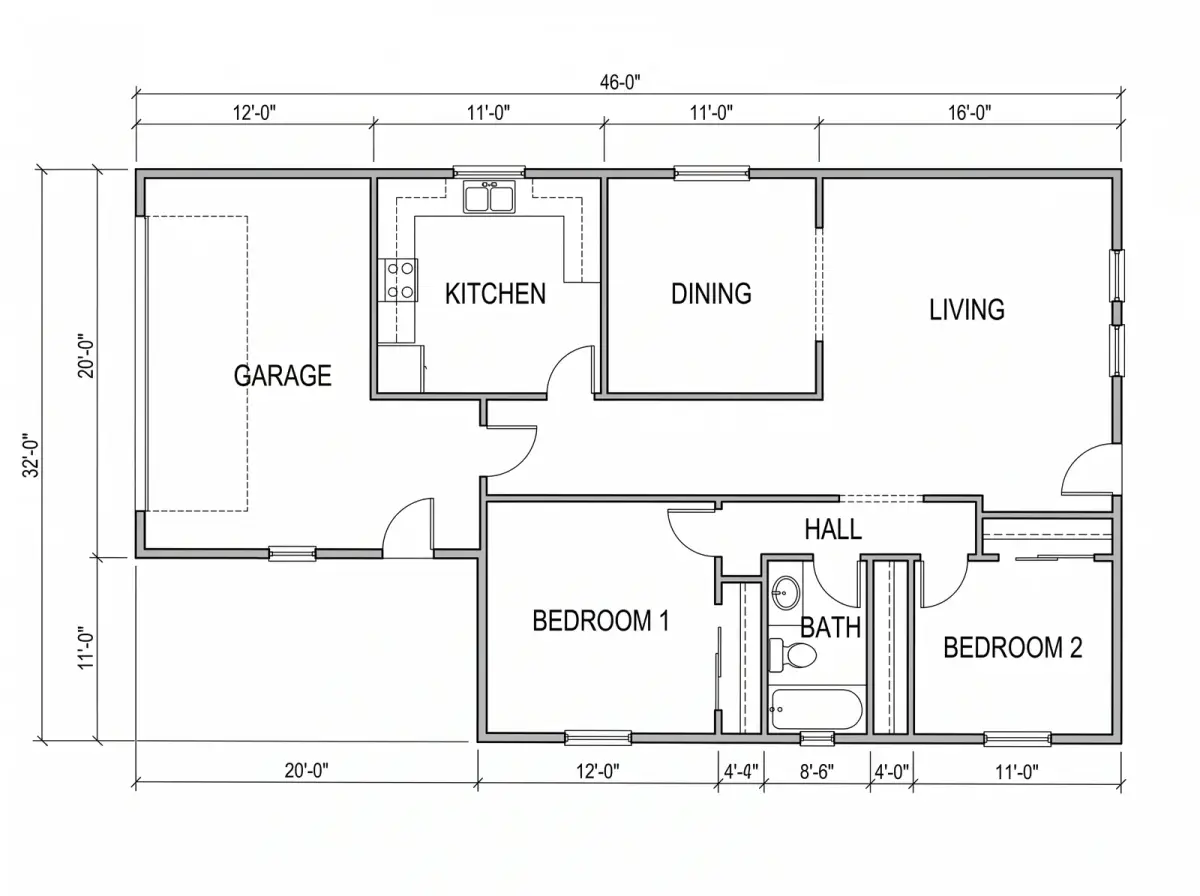 A builder's floor plan of a two-bedroom house with a garage, kitchen, dining room, living room, hall and bath, dimensioned in feet and inches
