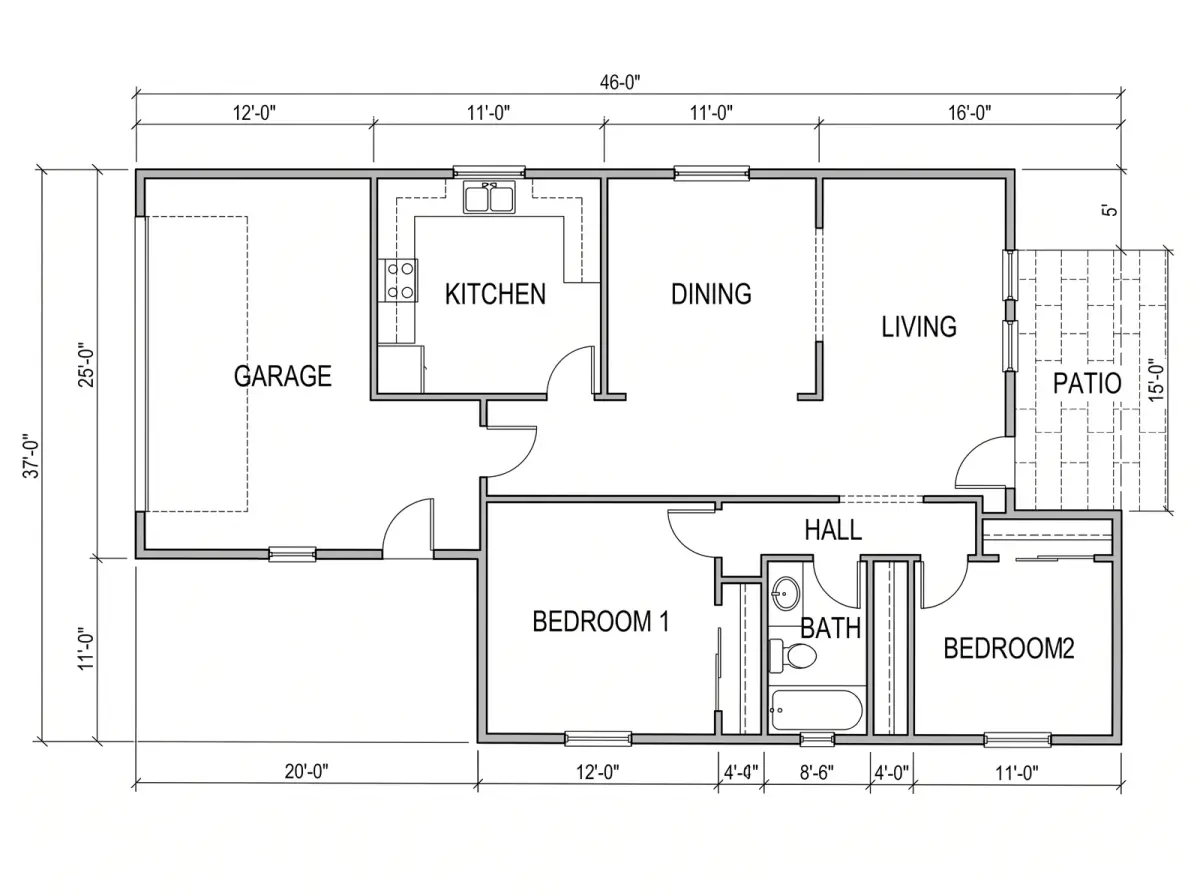 The plan redrawn with a paved patio drawn outside the living room and a door onto it