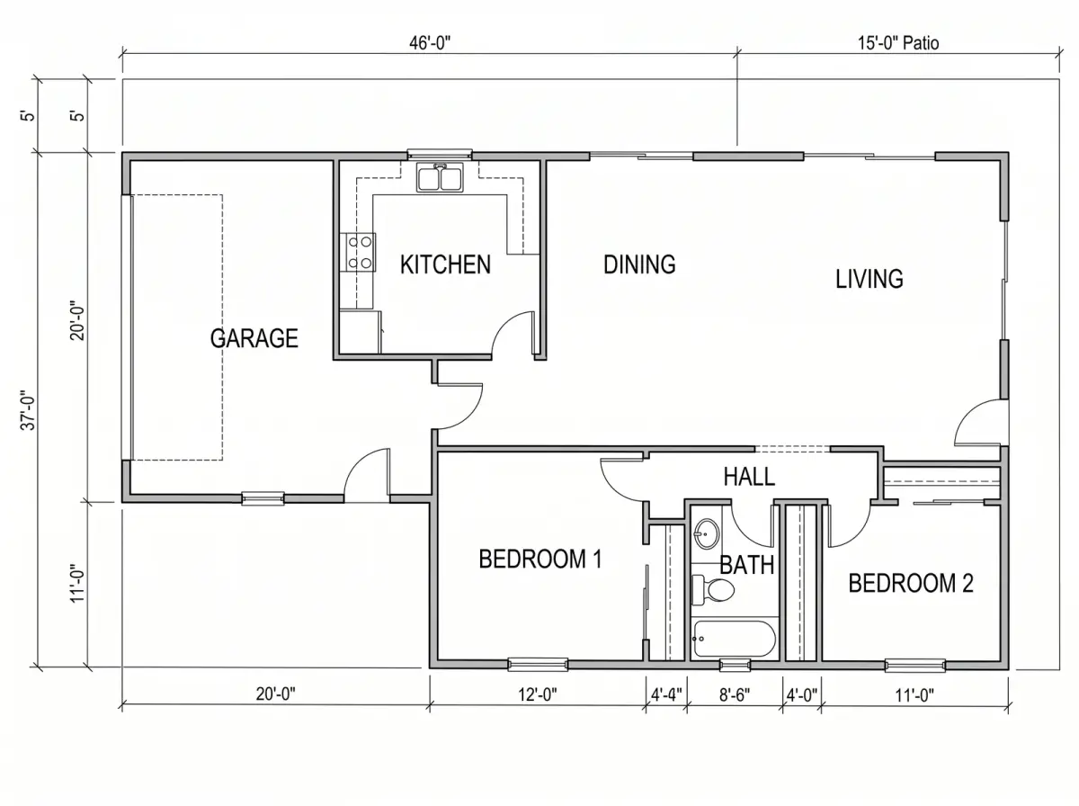 The plan redrawn with the overall depth relabelled 37 ft and a 15 ft patio dimension, but no walls moved