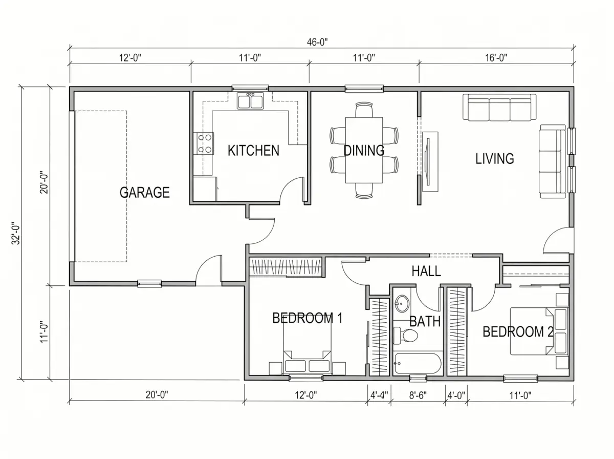 A builder's floor plan redrawn with beds, wardrobes, a sofa and a dining table added at real size