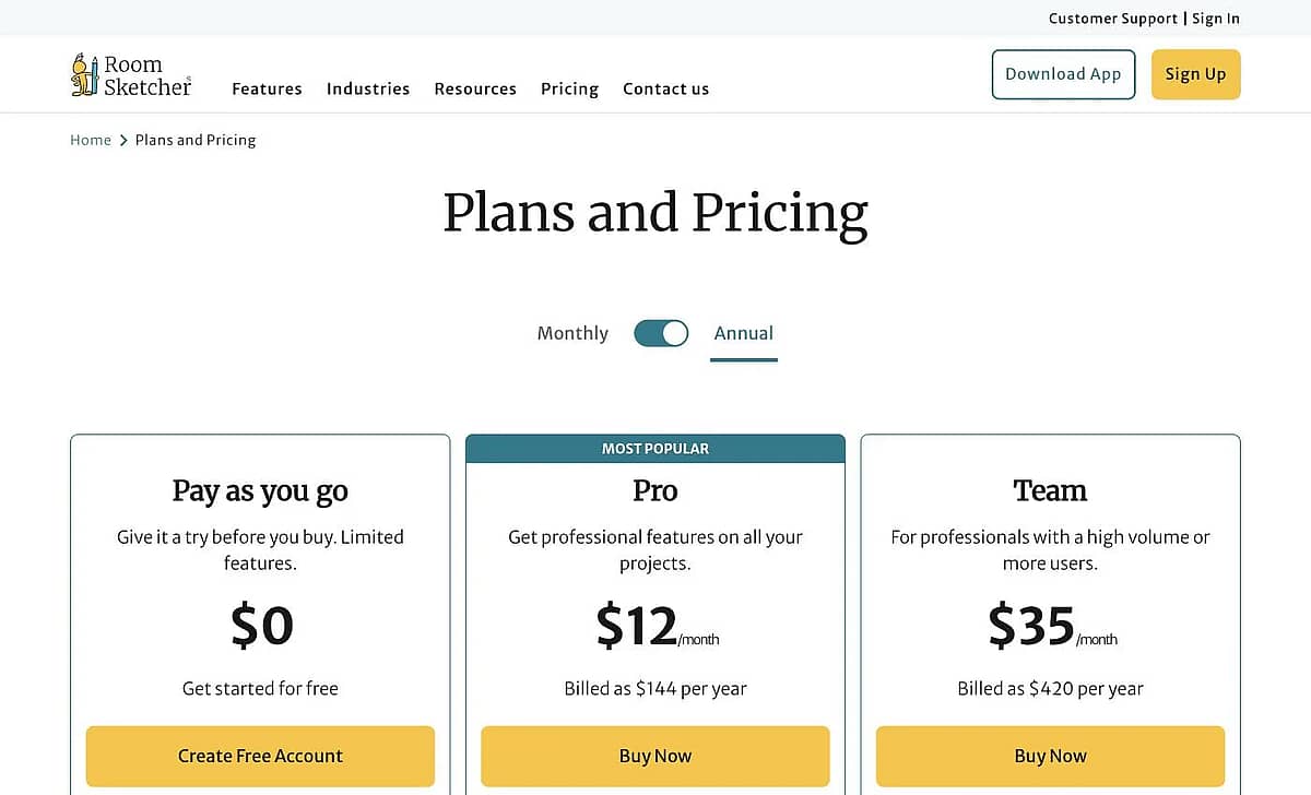 RoomSketcher pricing page listing Pay as you go, Pro at $12 per month, and Team at $35 per month