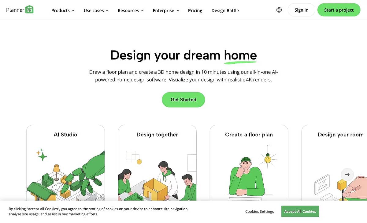 Planner 5D homepage presenting its floor plan and interior design tool