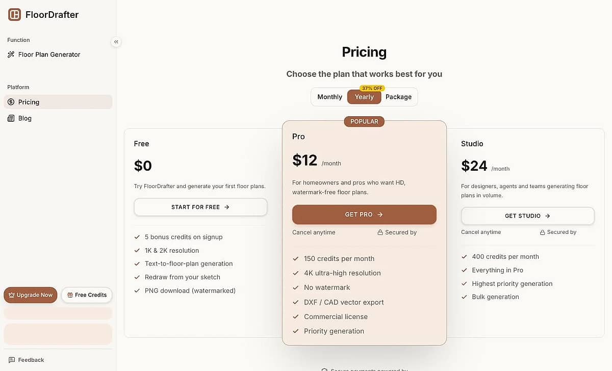 FloorDrafter pricing page showing the Free, Pro at $12 per month, and Studio at $24 per month tiers