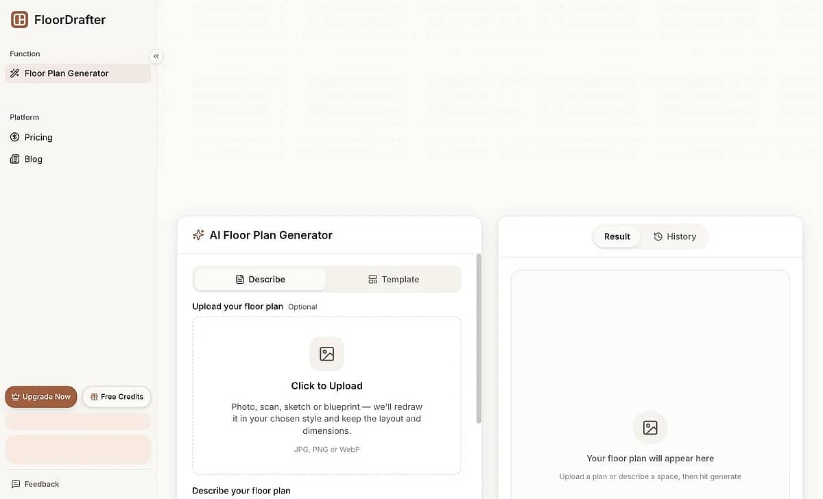FloorDrafter homepage with the prompt box and upload area for generating a floor plan