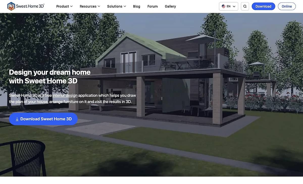 Sweet Home 3D website home page for the free open-source interior design application