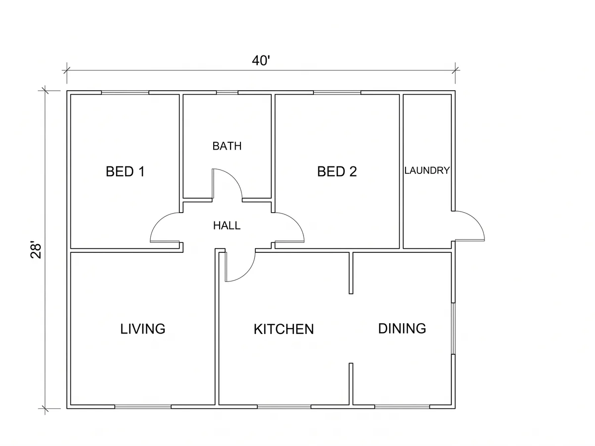 Redraw of a sketch with no doors, showing invented doors and an opening between kitchen and dining