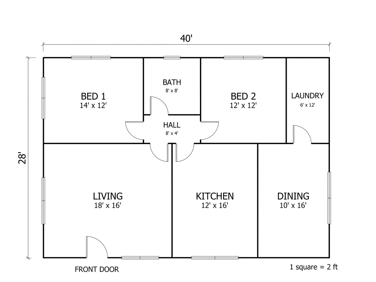 Redraw of the to-scale sketch with the wall between kitchen and dining kept solid