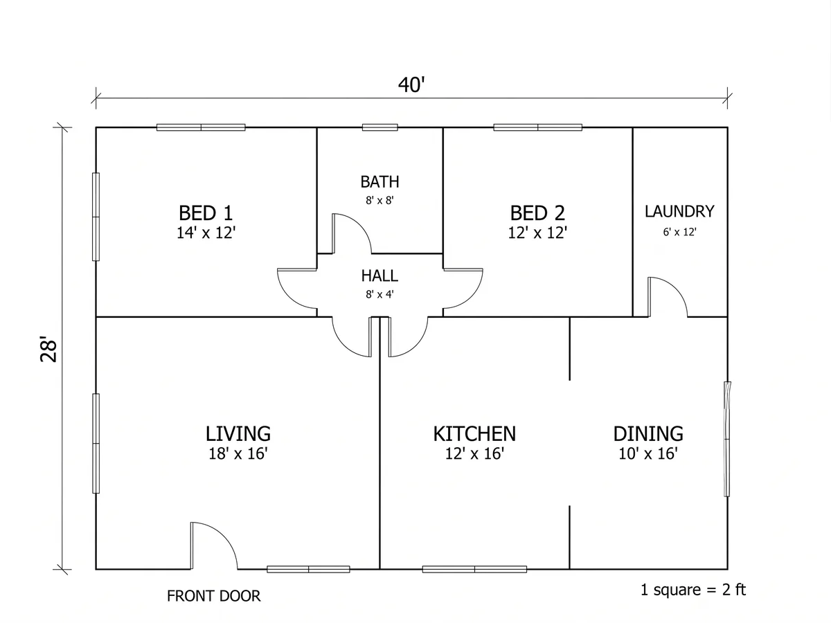 Clean redraw of the to-scale sketch matching the real house's proportions