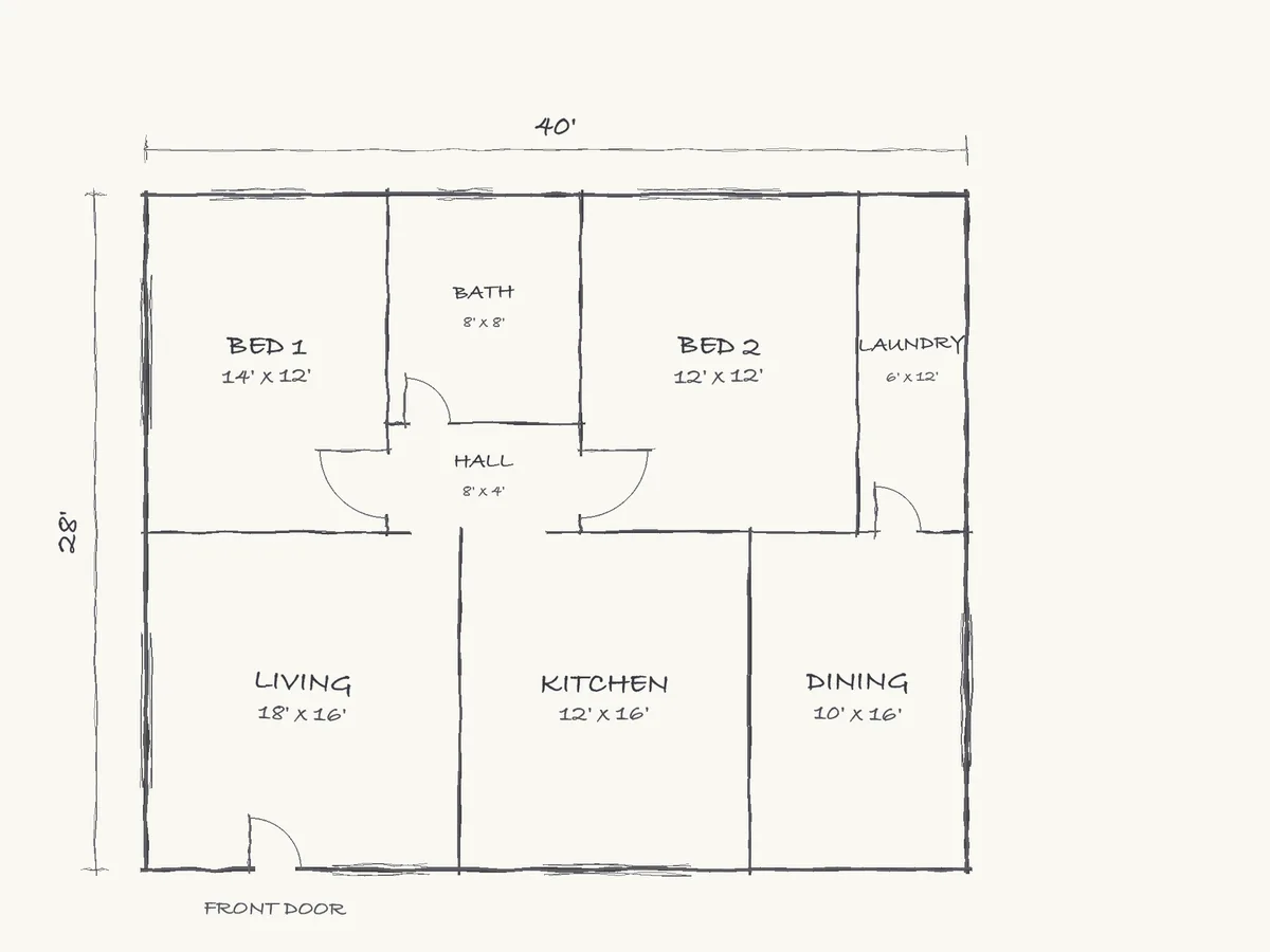 Simulated pencil sketch of a two-bedroom floor plan with room names, room sizes, doors and windows, drawn out of proportion