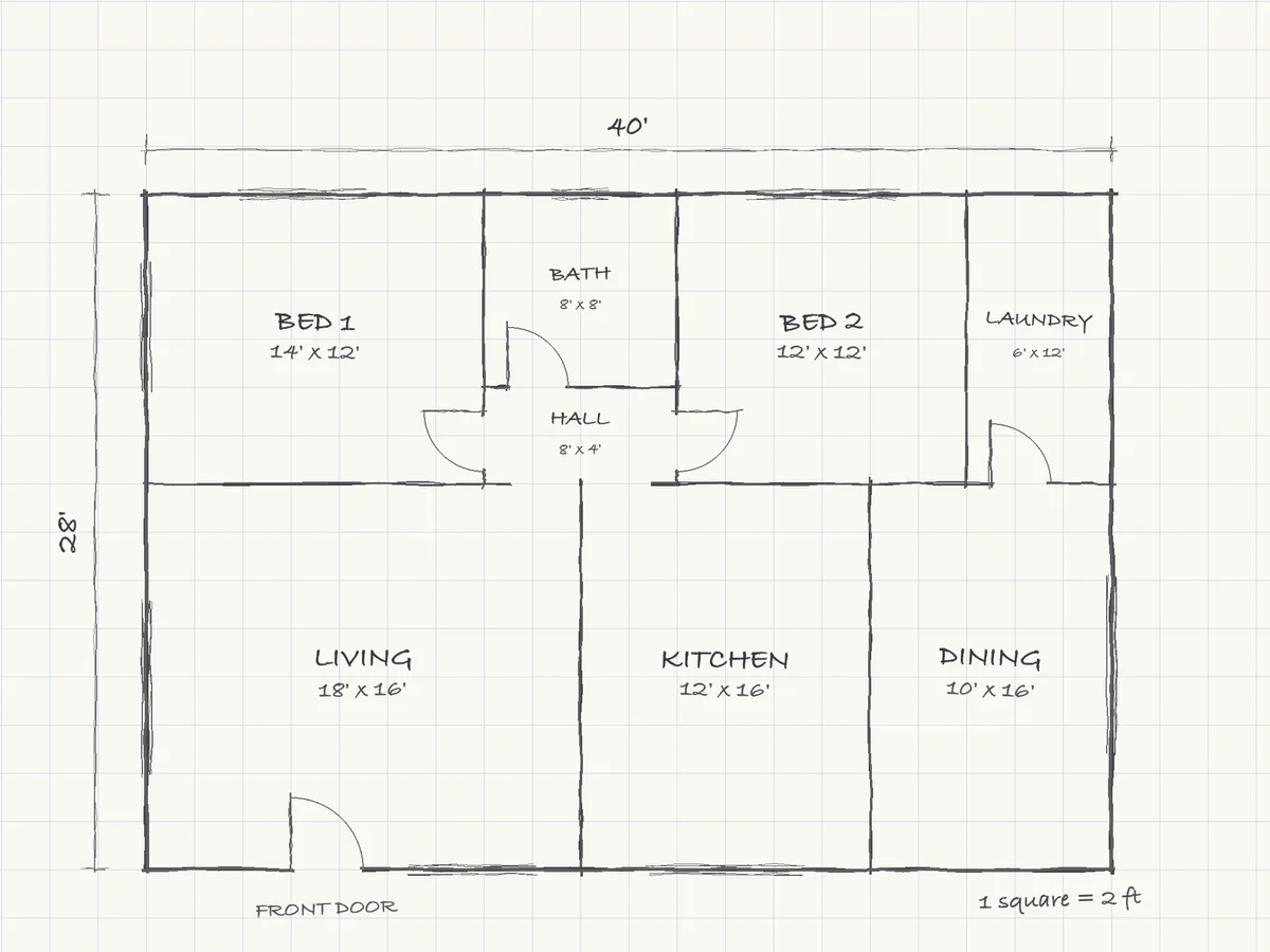 Simulated pencil floor plan on graph paper showing walls, doors, windows, room names, sizes and a written scale