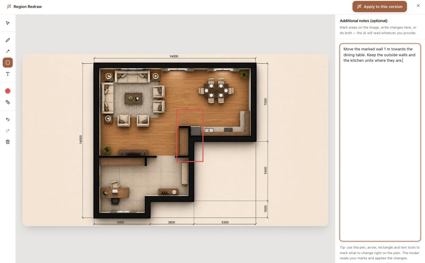 The redraw editor in Studio, with a wall boxed in red on the plan and the change typed in the notes panel beside it