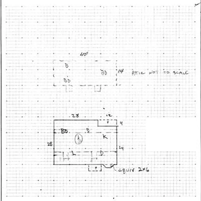Hand-drawn county assessor sketch on grid paper showing a 28 by 28 foot house outline with room letters and an attic outline