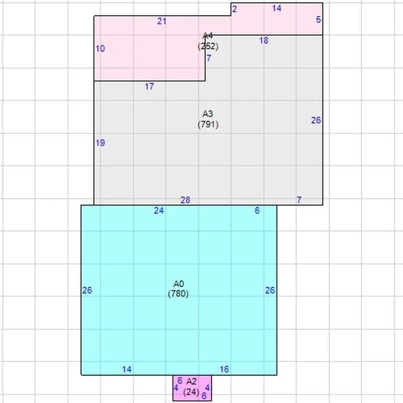 Coloured county assessor sketch showing the outline of a house in four areas with wall lengths and square footage