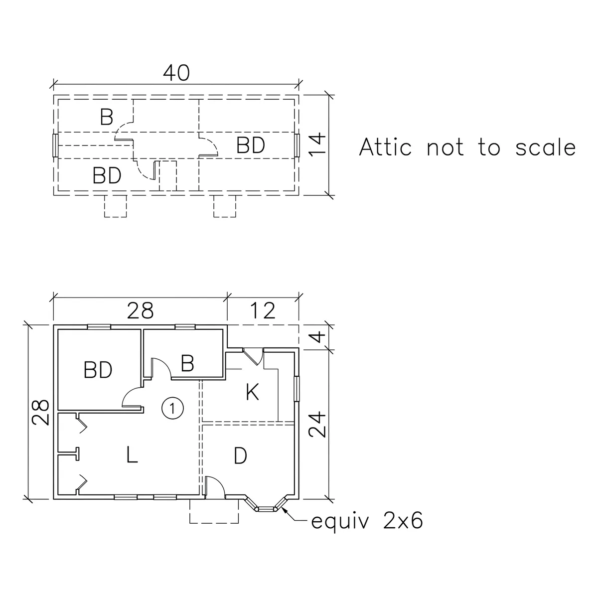 Clean technical redraw of the King County assessor sketch with inside walls, doors and room letters