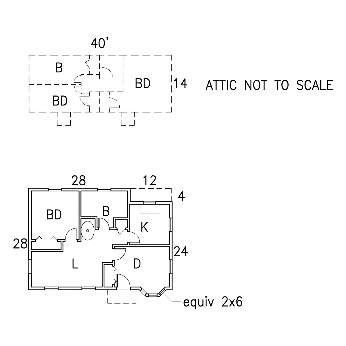 Second technical redraw of the same assessor sketch with a different arrangement of inside walls and doors
