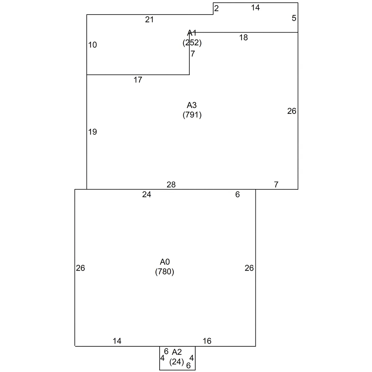 Clean redraw of the Palm Beach assessor outline sketch with wall lengths and areas