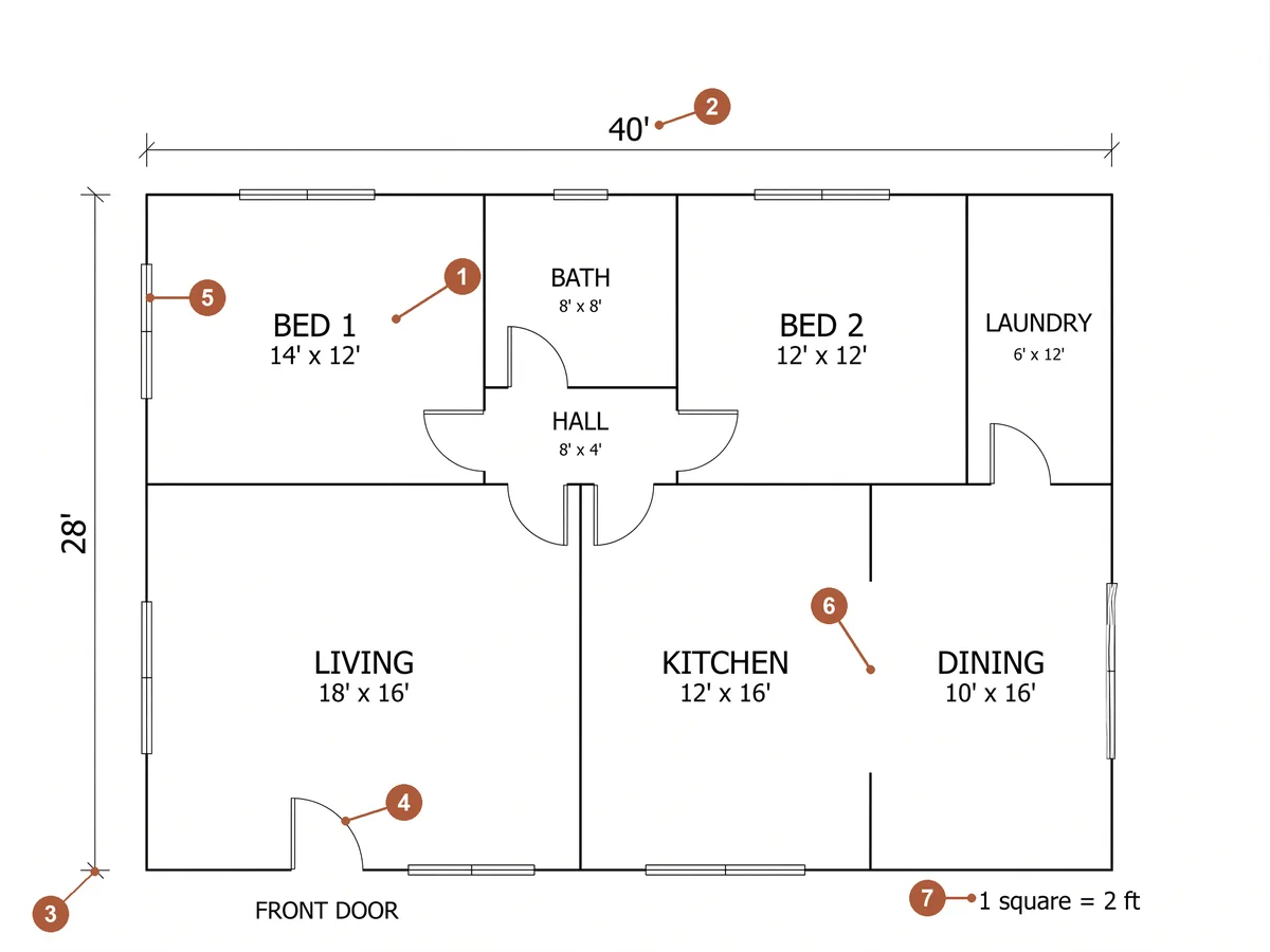 Floor plan of a two-bedroom bungalow with numbered callouts on a room size, the overall dimension, a dimension line tick, a door swing, a window, an opening and the written scale