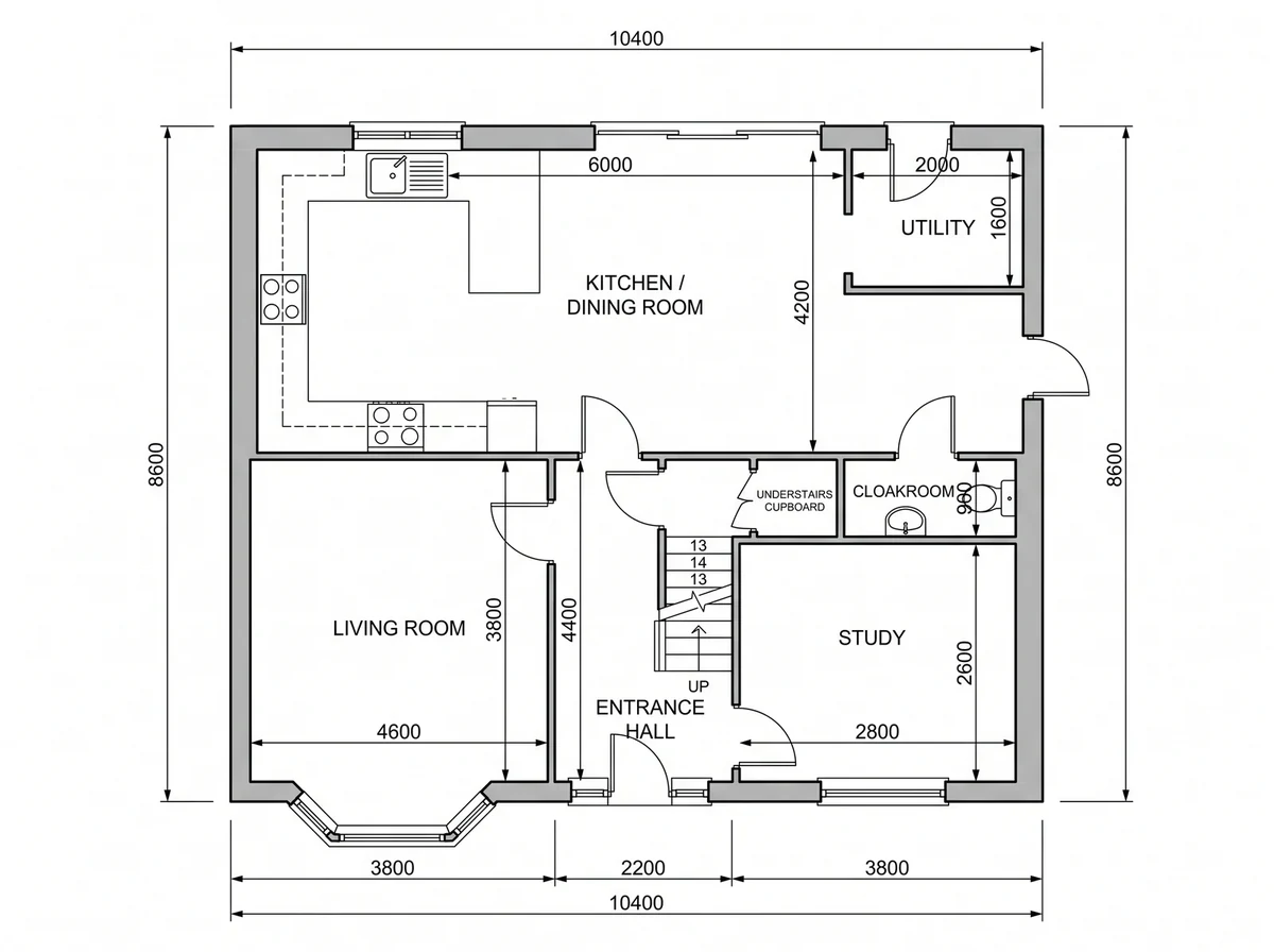 Black and white technical floor plan of a house ground floor, with room labels and dimension lines along every external wall