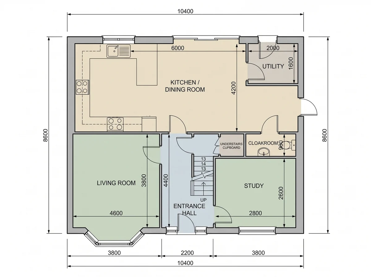 The same floor plan with each room filled in a flat, low-saturation colour, grouped by use: hall and stairs one colour, living room and study another, kitchen/dining and cloakroom a third, utility and understairs cupboard a fourth