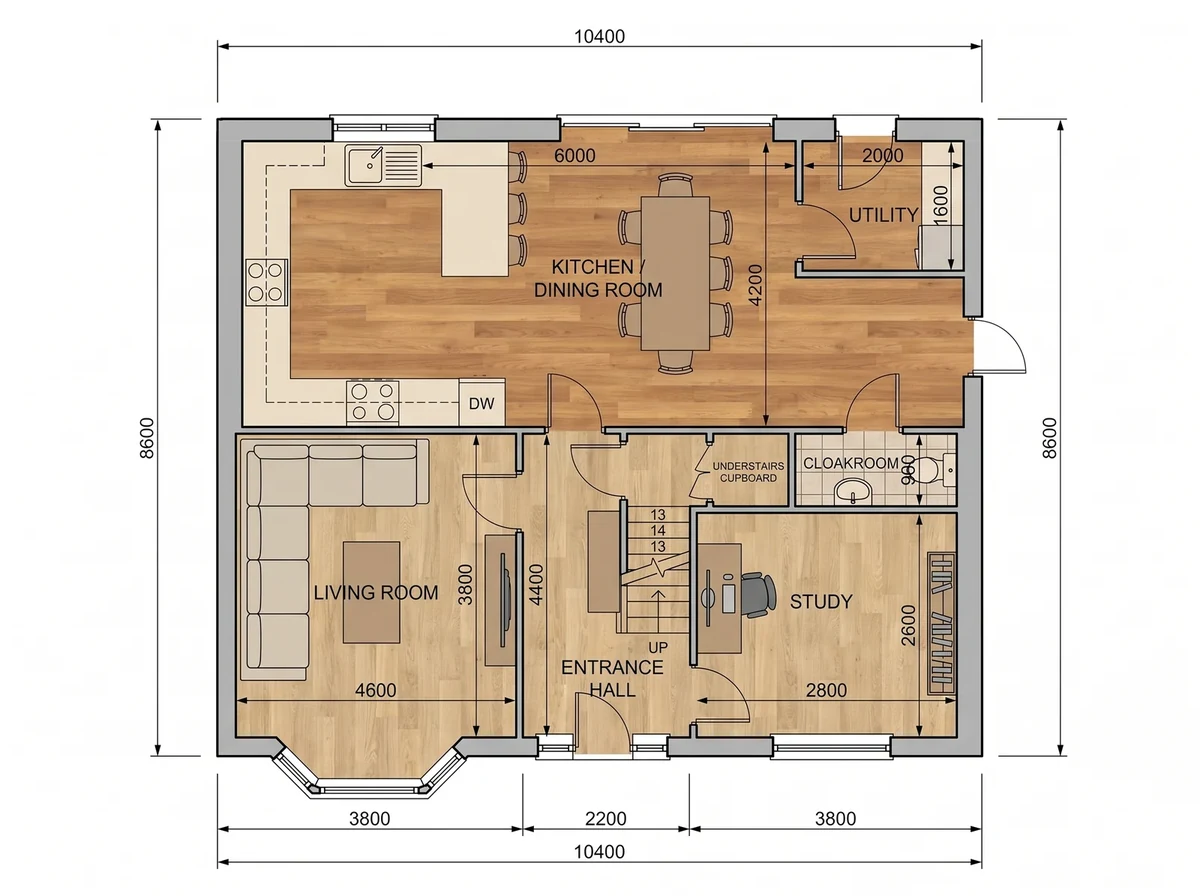 The same floor plan rendered with wood and tile floor textures and furniture in every room