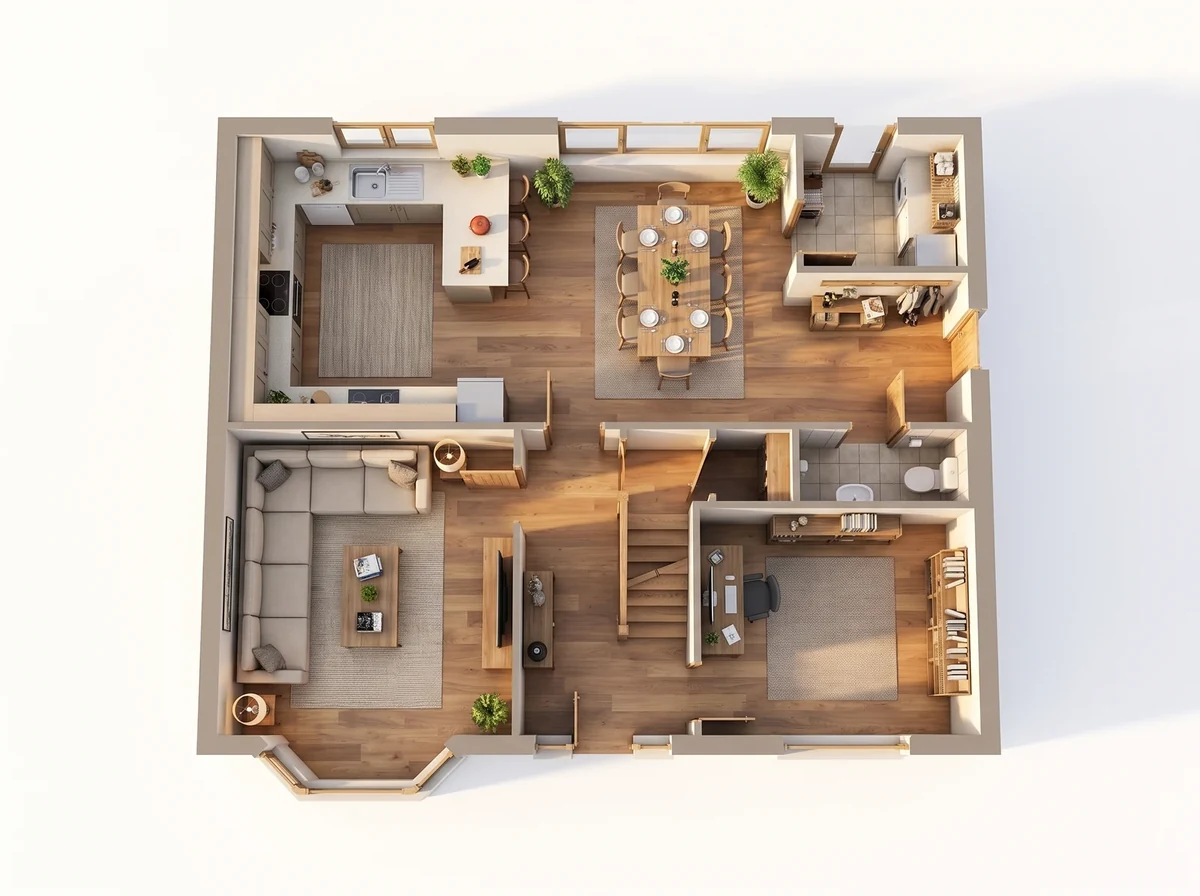 The same furnished floor plan seen from a raised angle as a 3D dollhouse view with the ceiling removed