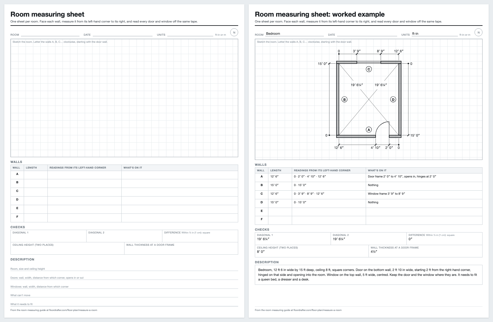 Room measuring sheet: a blank page with a sketch grid, a wall table and a description to fill in, beside the same page completed for a 12 ft 6 in by 15 ft bedroom