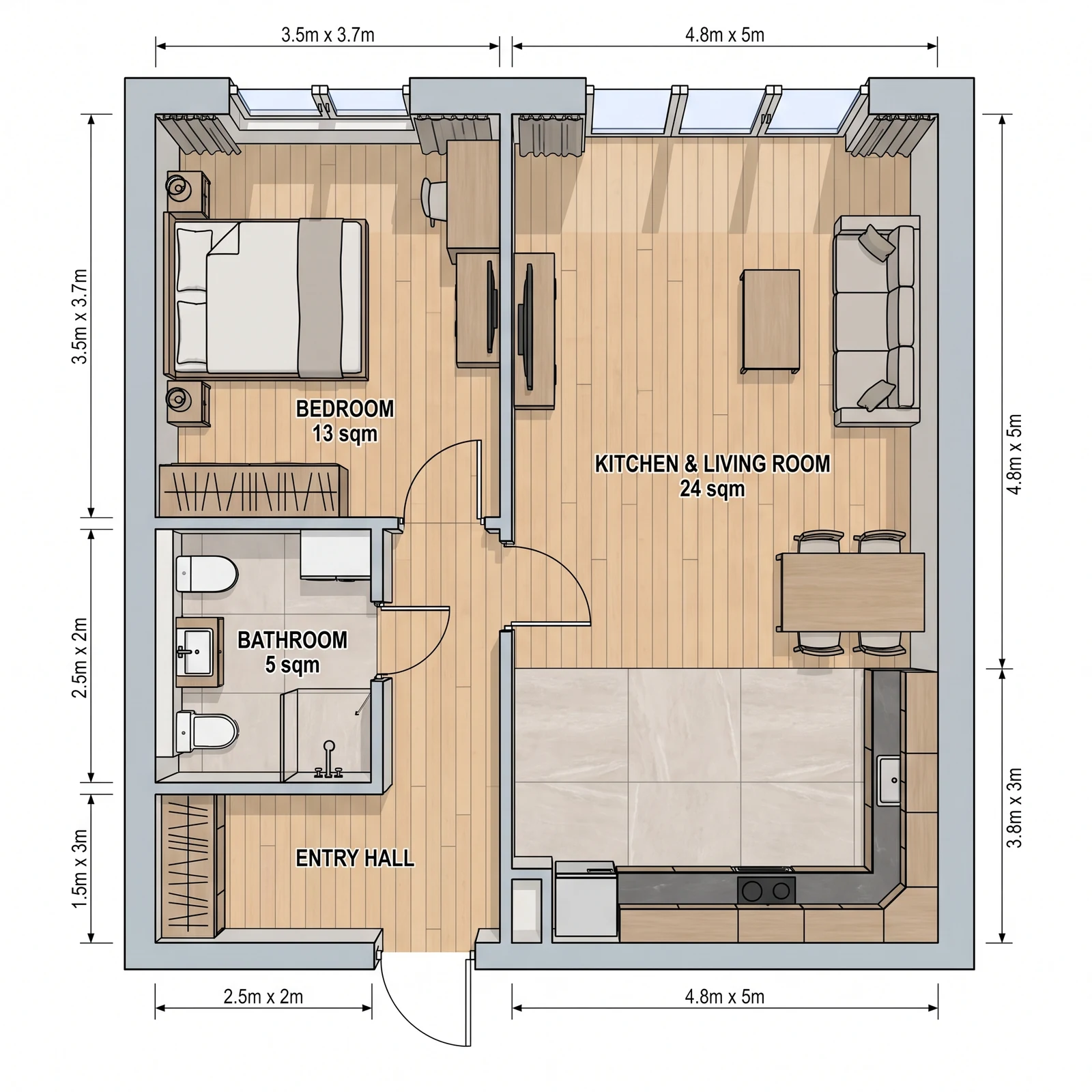 1-Bedroom Apartment with Open-Plan Living — What FloorDrafter returns, depending on what you ask